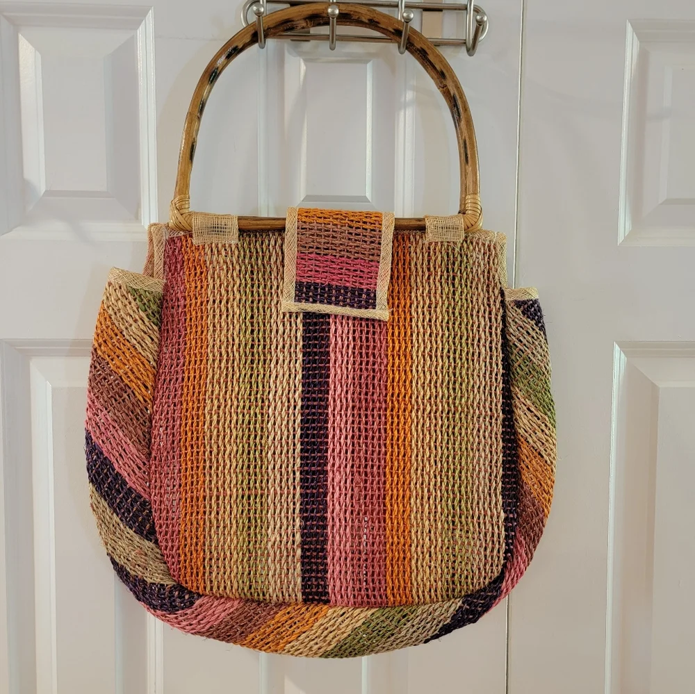 Vintage Bamboo Handle Woven Raffia Multi-color‎ Stripe Bag